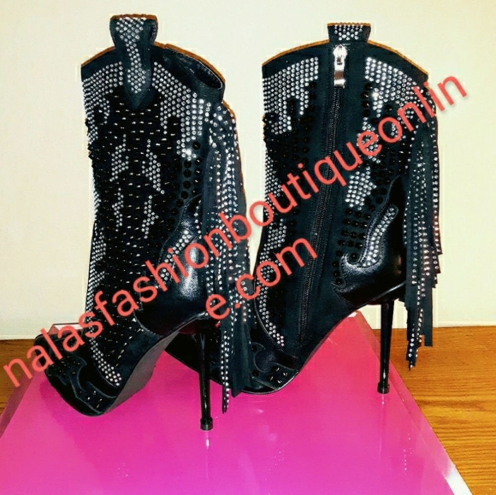 NWB Fring and Rhinestone Stiletto Booties - Picture 4 of 9